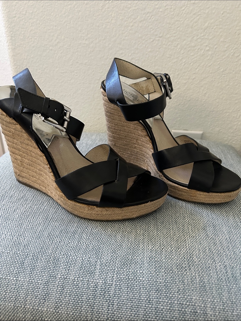 Michael Kors Black Espadrille Wedge Sandals with Ankle Buckle